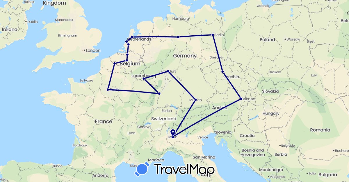 TravelMap itinerary: driving in Austria, Belgium, Czech Republic, Germany, France, Italy, Luxembourg, Netherlands (Europe)